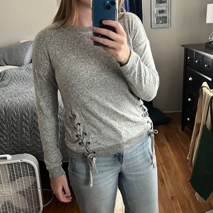 Pink Rose Gray Braided Ribbon Sweater